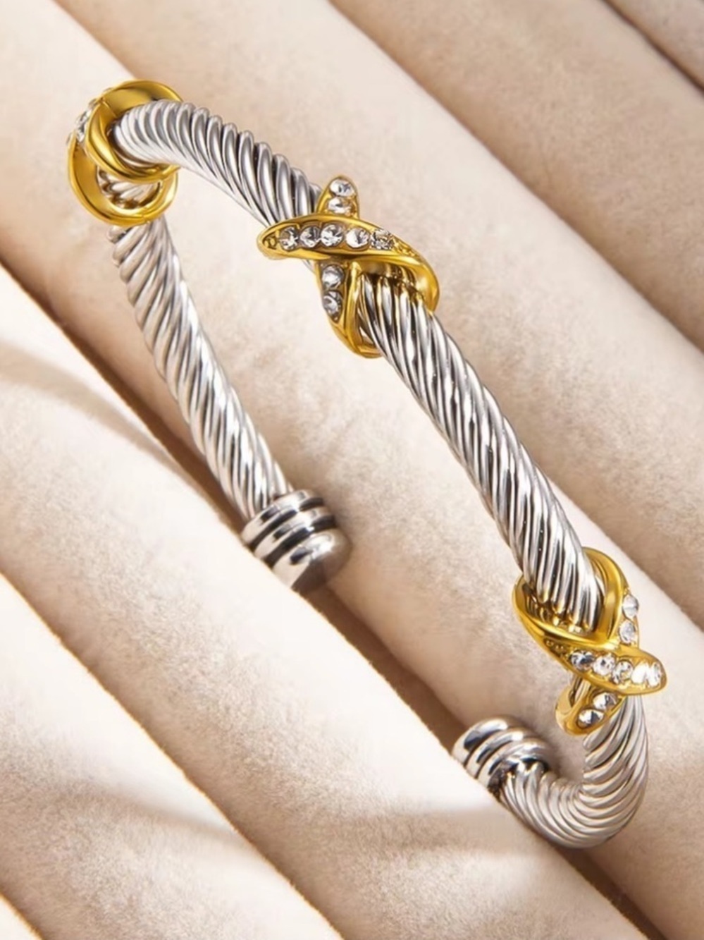 Anthropologie Two-Tone Silver and Gold Cable Cuff with Crystals